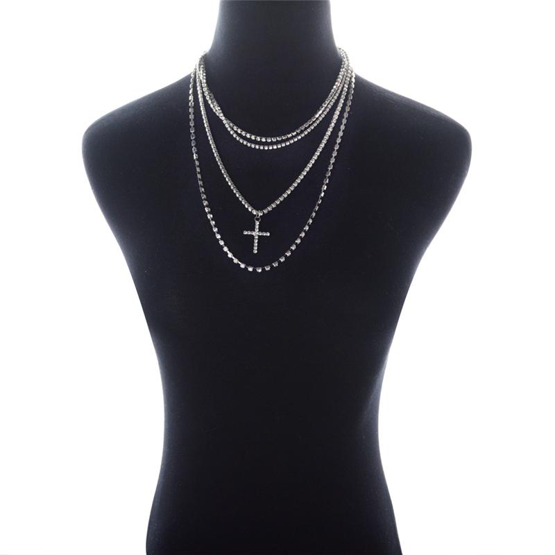 Simple Layered Crystal Cross Necklace Chain Religious Rosary Necklaces