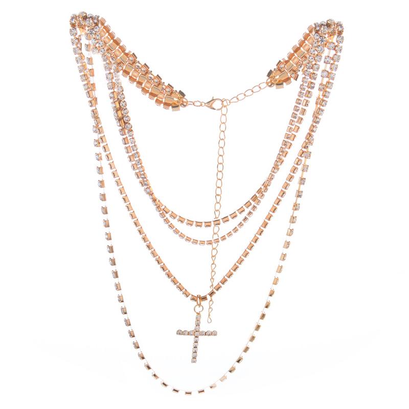 Simple Layered Crystal Cross Necklace Chain Religious Rosary Necklaces